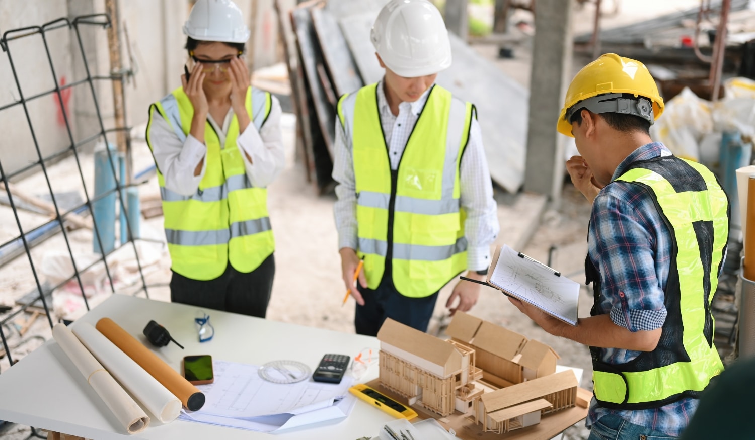 a group of people in safety vests and helmets