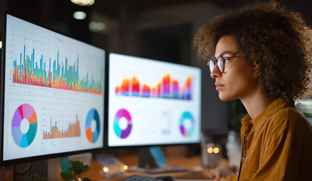 a woman looking at a computer screen